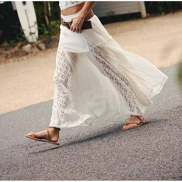 Free People Free-Est Aimee Maxi Skirt Sheer Lace Pull-on Tiered Flowy XS 283033 - Picture 1 of 10